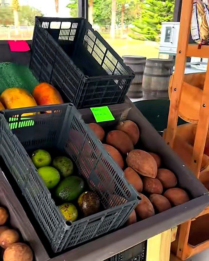 Crates of mamey and mangos on the wooden stalls